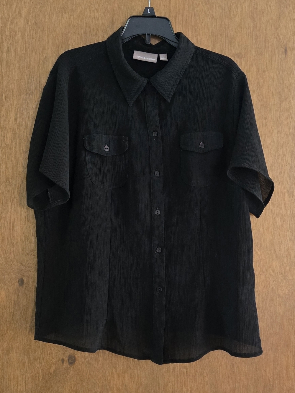 croft & barrow Womens Black Sheer Button-Down Shirt with Chest Pockets